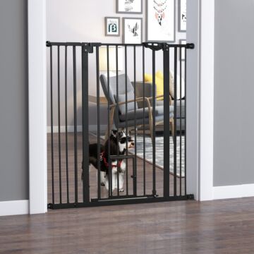 Pawhut Extra Tall Pet Gate, Indoor Dog Safety Gate, With Cat Flap, Auto Close, 74-101cm Wide - Black