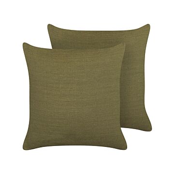 Set Of 2 Decorative Cushions Green Linen 45 X 45 Cm Solid Colour Home Decoration Beliani