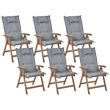 Set Of 6 Garden Chair Dark Acacia Wood Natural With Grey Cushions Adjustable Foldable Outdoor With Armrests Country Rustic Style Beliani