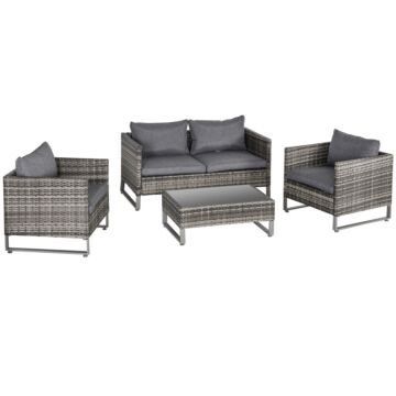 Outsunny 4-seater Pe Rattan Garden Furniture Wicker Dining Set W/ Glass Top Table, Cushions, Deep Grey