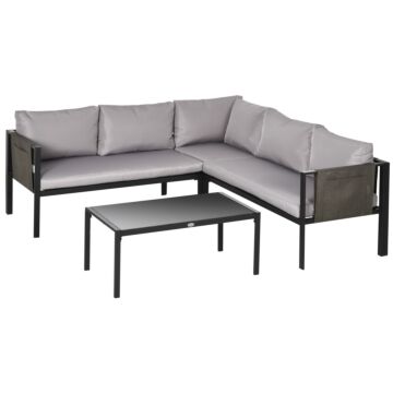 Outsunny 4 Piece Garden Furniture Set Metal Sofa Set W/ Tempered Glass Coffee Table, Conversational Corner Sofa Loveseat W/padded Cushions Light Grey