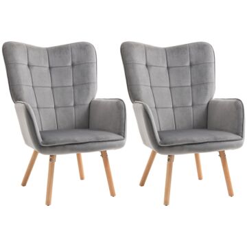 Homcom Modern Accent Chair Velvet-touch Tufted Wingback Armchair Upholstered Leisure Lounge Sofa Club Chair With Wood Legs, Set Of 2, Grey