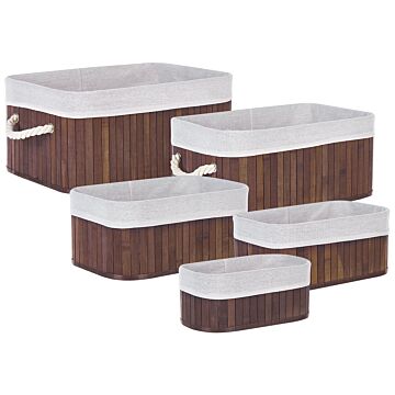 Set Of 5 Baskets Dark Wood Natural Bamboo Wood Polyester With Handles Various Sizes Boho Modern Storage Accessory Beliani
