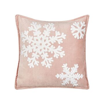 Scatter Cushion Pink White Cotton Velvet 45 X 45 Cm Christmas Motif Snowflake Print Accessories Festive Decor Beliani