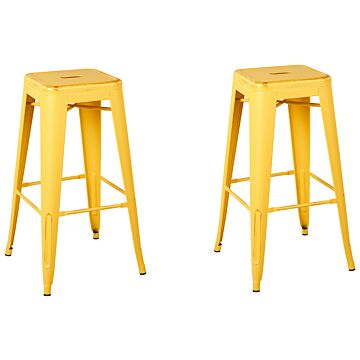 Set Of 2 Bar Stools Yellow With Gold Steel 76 Cm Stackable Counter Height Industrial Beliani