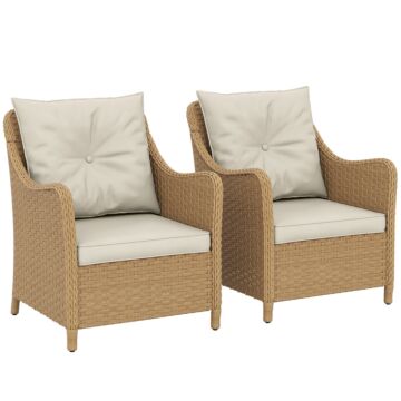 Outsunny Rattan Garden Chairs Set Of 2, Outdoor Rattan Chairs With Cushions, Armrests And High Back, Pe Wicker Garden Armchair With Steel Frame For Balcony, Porch, Beige