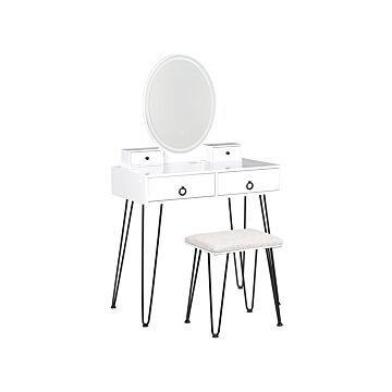 Dressing Table White And Black Mdf 4 Drawers Led Mirror Stool Living Room Furniture Glam Design Beliani