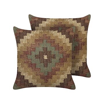 Set Of 2 Scatter Cushions Multicolour Jute And Wool 45 X 45 Cm Oriental Pattern Kilim Style Washed Colurs Beliani