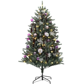 Homcom 6ft Artificial Prelit Christmas Tree With Warm White Led Lights And 796 Tips, Metal Stand, Xmas Tree With Purple Ornaments For Home Office Holiday