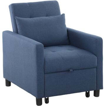 Homcom 3-in-1 Chair Bed, Convertible Sleeper Chair With Adjustable Backrest, Pillow And Footrest For Living Room, Blue