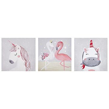 Set Of 3 Art Prints Grey And Pink Polyester Canvas 30 X 30 Cm Mounting Hooks Kids Room Beliani