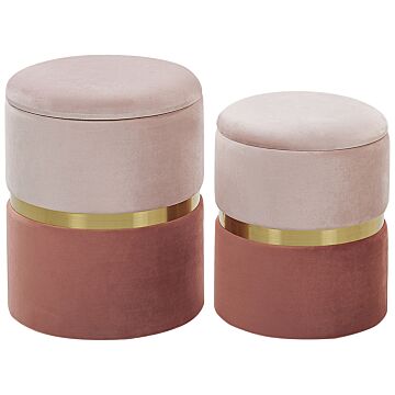 Set Of 2 Storage Pouffes Light And Dark Pink Polyester Velvet Upholstery Footstool Retro Design Beliani