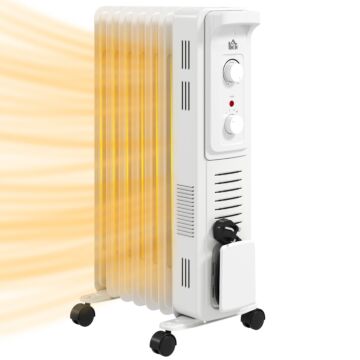 Homcom 1500w Oil Filled Radiator, 7 Fin Energy Efficient Portable Electric Heater With 3 Heat Settings, Adjustable Thermostat, Safety Tip Over, Overheat Protection, For Home, White