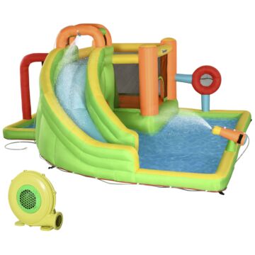 Outsunny 7 In 1 Kids Bouncy Castle Water Slide Bounce House Includes Slide, Trampoline, Pool, Water Gun, Ball-target, Boxing Post Tunnel W/air Blower