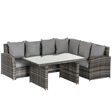 Outsunny 6-seater Pe Rattan Corner Dining Set Outdoor Garden Patio Sofa Table Furniture Set W/ Cushions, Grey