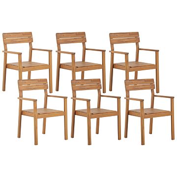 Set Of 6 Garden Chairs Light Acacia Wood Outdoor With Armrests Rustic Style Beliani