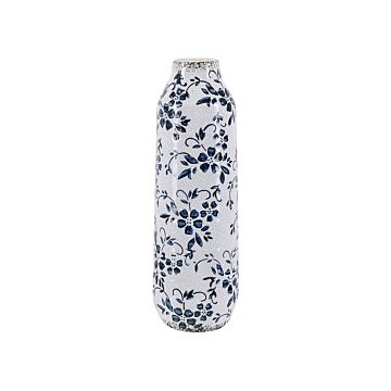 Flower Vase White And Blue Stoneware Tall 30 Cm Floral Pattern Distressed Waterproof Beliani