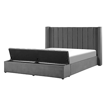 Eu Double Size Panel Bed Grey Velvet 4ft6 Slatted Base High Headrest With Storage Bench Beliani