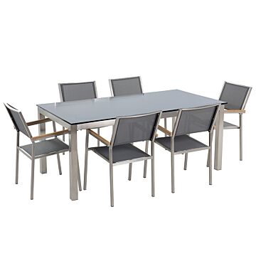 Garden Dining Set Grey With Black Glass Table Top 6 Seats 180 X 90 Cm Beliani