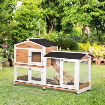 Pawhut Two-tier Wooden Rabbit Hutch Mobile Guinea Pig Cage Bunny Run W/ Wheels, Run, Slide-out Tray, Ramp
