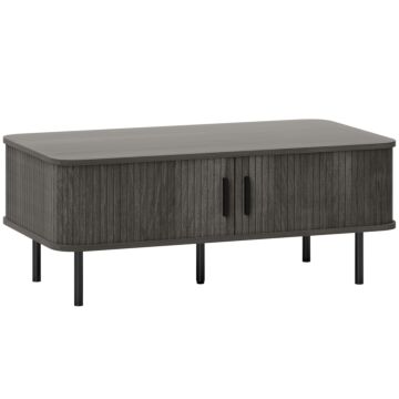 Homcom Coffee Table With Storage, Living Room Table With Slatted Tambour Sliding Doors And Foot Pads, Rectangular Coffee Table With Elevated Base For Living Room, Grey Wood-effect
