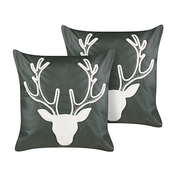 Set Of 2 Scatter Cushions Green Velvet 45 X 45 Cm Reindeer Motif Christmas Accessories Festive Decor Beliani