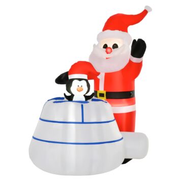Homcom 1.6m Christmas Inflatable Santa Claus And Penguin With Ice House Built-in Led Blow Up Decoration Outdoor, Xmas Decor For Holiday Party Garden