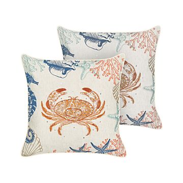 Set Of 2 Scatter Cushions Beige Linen Cotton 45 X 45 Cm Marine Crab Pattern Square Polyester Filling Home Accessories Beliani