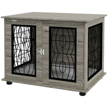 Pawhut 29.5" Indoor Dog Crate Furniture End Table With Soft Washable Cushion, Lockable Front Door, For Medium Dogs