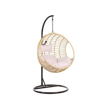 Hanging Chair Beige Rattan Round Wicker Basket With Cushions Metal Frame Boho Beliani