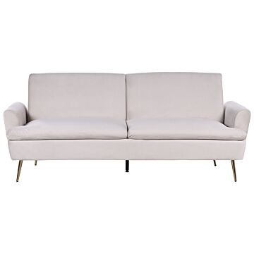 Sofa Bed Beige Velvet Upholstery 3 Seater Click Clack Sleeping Function Golden Metal Legs Beliani