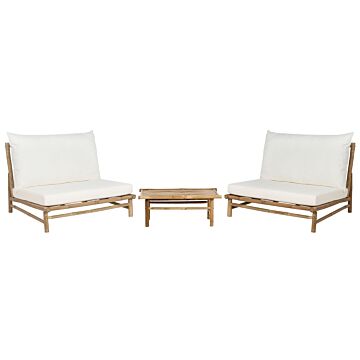 2 Seater Bamboo Lounge Set Light Wood And Off-white Backrest Seat Cushions With Coffee Table Indoor And Outdoor Design Beliani