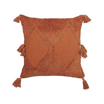 Scatter Cushion Orange Cotton 45 X 45 Cm Geometric Pattern Tassels Removable Cover With Filling Boho Style Beliani