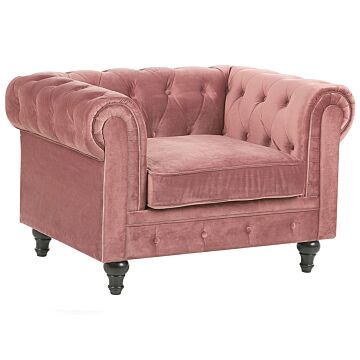 Chesterfield Armchair Pink Velvet Fabric Upholstery Dark Wood Legs Contemporary Beliani