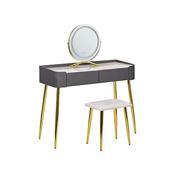Dressing Table Grey And Gold Mdf 2 Drawers Led Mirror Stool Living Room Furniture Glam Design Beliani