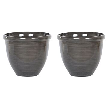 Set Of 2 Plant Pots Solid Brown Stone Mixture Polyresin ⌀ 40 Cm High Gloss Outdoor Resistances Round All-weather Beliani