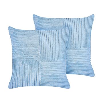 Set Of 2 Decorative Pillows Blue Corduroy 43 X 43 Cm Striped Pattern Modern Design Throw Cushions Beliani