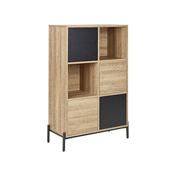 Bookcase Light Wood And Grey Mdf Paper Finish 4 Cabinets 2 Open Shelves Low Bookshelf Beliani