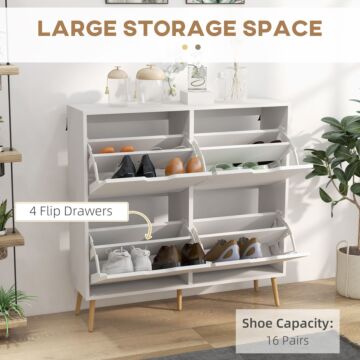 Homcom Shoe Storage Cabinet, 4 Flip Drawers, Shoe Organizer For 16 Pairs Of Shoes, White