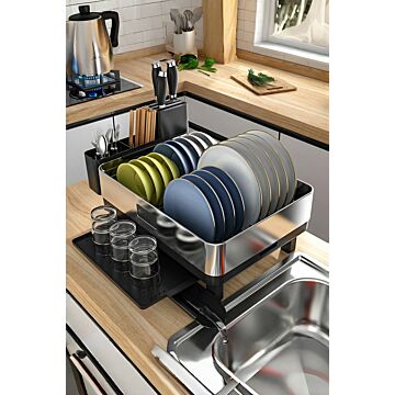 Stainless Steel Expandable Dish Drainer Rack Kitchen Organizer With Knife Tableware Holder