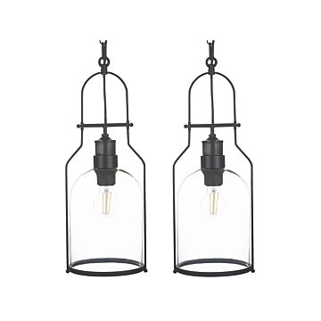 Set Of 2 Pendant Lamps Black Metal 166 Cm Frame Clear Glass Shade Retro Style Ceiling Light Beliani