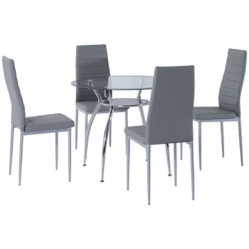 Homcom Dining Table Set For 4, Round Kitchen Table And Chairs, Glass Dining Room Table And Pu Leather Upholstered Chairs