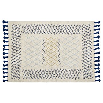 Rug Beige Cotton 140 X 200 Cm Geometric Pattern Hand Tufted Tassels Flatweave Living Room Bedroom Beliani