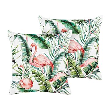 Set Of 2 Outdoor Cushions Multicolour Polyester 45 X 45 Cm Square Flamingo Print Pattern Scatter Pillow Garden Patio Beliani
