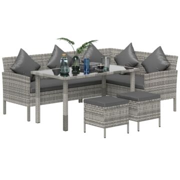 Outsunny Tsunny 6-seater Rattan Dining Set Sofa Table Footstool Outdoor W/ Cushion Garden Furniture, Dark Grey