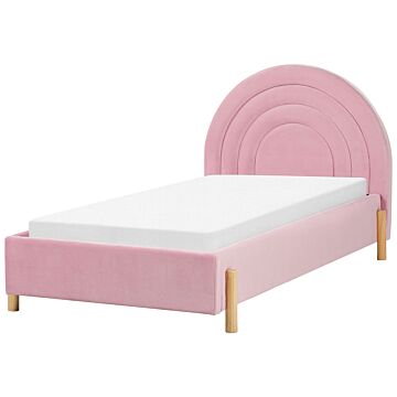 Bed Pink Velvet Eu Single Size 3ft Slatted Base Wooden Legs Minimalist Retro Design Half-round Headboard Beliani