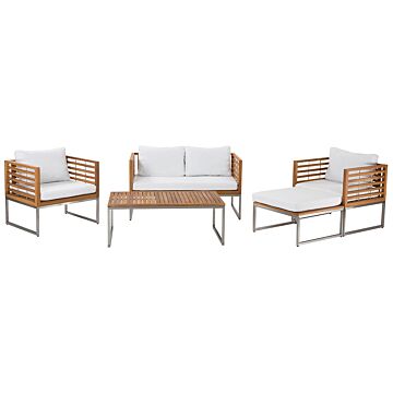 Garden Sofa Set Acacia Wood White Cushions 4 Seater Slatted Design Outdoor Conversation Set Beliani