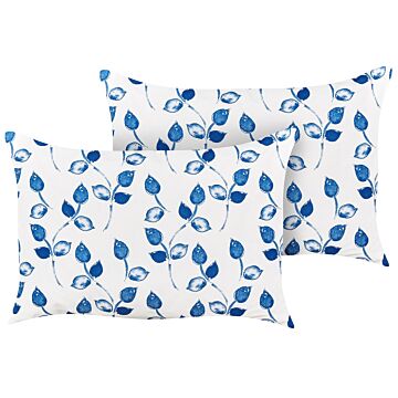 Set Of 2 Garden Cushions White And Blue Polyester 40 X 60 Cm Rectangular Leaf Pattern Motif Modern Design Throw Scatter Pillow Beliani
