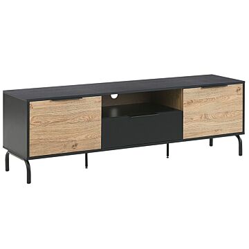 Tv Stand Black And Light Wood Particle Board Metal Legs For Tv Up To 70'' With Drawer Storage Function Beliani