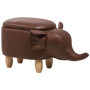 Animal Elephant Children Stool With Storage Brown Faux Leather Wooden Legs Nursery Footstool Beliani